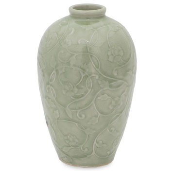 Celadon Ceramic Vase, 'Wildflower', Thailand