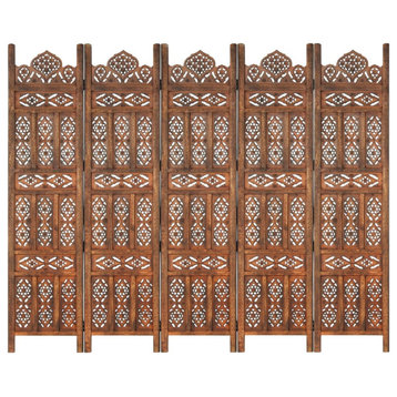 Vidaxl Hand Carved 5-Panel Room Divider Brown 78.7"x65" Solid Mango Wood