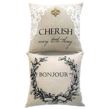 Bonjour French Linen Double sided Pillow With Gold Fleur di Lis Removable Pin