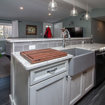 Transitional Steaked Limestone Kitchen Remodel w/ white Bahamas Granite top