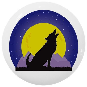 Wolf Howling At Yellow Moon Ceramic Cabinet Drawer Knob