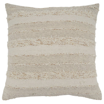 Pillow With Fringe Stripe Design, Ivory, 22", Down Filled