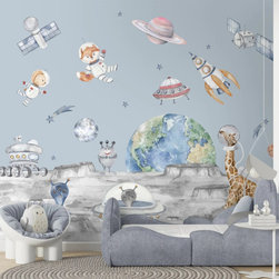 Lets go on a moon walk, Cute kids room wallpaper, Blue - Wallpaper