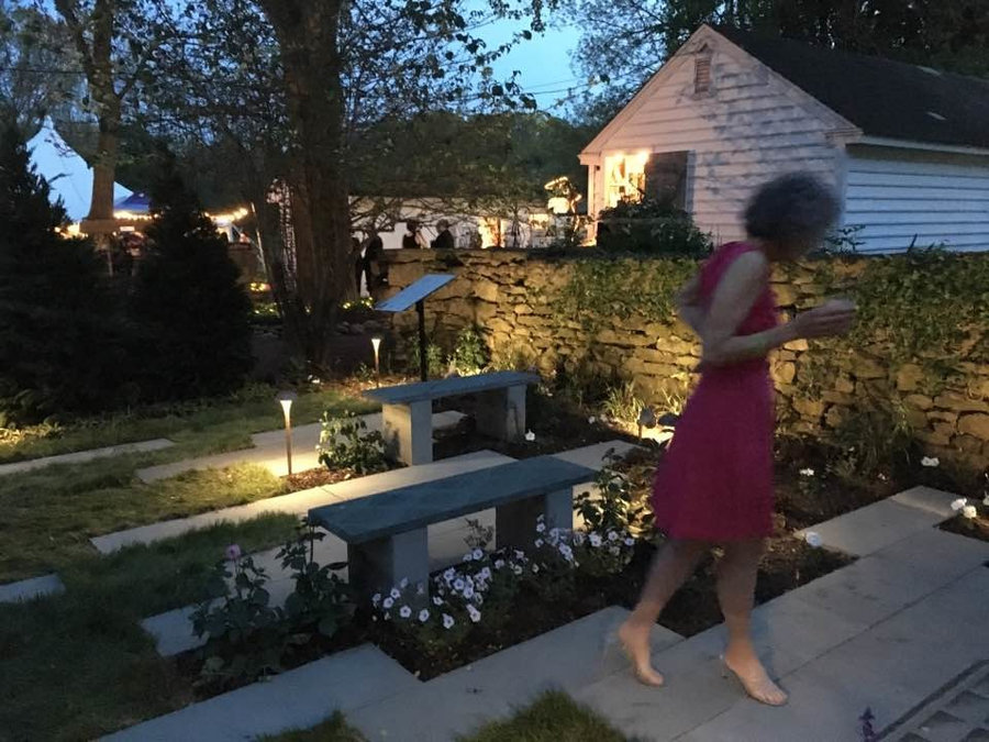 Bluestone bench & pavers in the "Secret Garden" at night