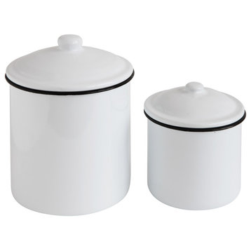 White Enameled Canisters With Lids, 2-Piece Set