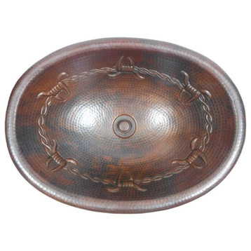 19" Oval Copper Bath Sink BARBED WIRE Design Lift & Turn Drain Included