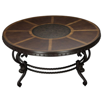 Traditional Coffee Table, Curved Metal Legs With Round Warm Tobacco Tabletop