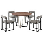 Armen Living - Joana Anastasia Matte Black, Light Gray Faux Leather Walnut Dining Table 5pc Set - Make a modern and sophisticated statement with our Joana Anastasia 5 Piece Dining Set by Armen Living. This set includes 1 Joana Round Walnut Dining Table with a mixed metal base and 4 Anastasia Dining Chairs in Fabric and Metal. The crisp lines and a compelling blend of materials and finishes bring eye-catching charm and elegance to this dining set. The round tabletop features a classic walnut veneer to showcase the rich finish and natural textures of the wood. The 48" round tabletop rests upon a clean-line, geometric base to offer a sleek and modern design. Our dining table can serve as a stunning companion to the striking and stylish Anastasia dining chairs. A cylindrical cushion is beautifully balanced upon its airy frame to offer comfortable back support. Its cushioned backrest and padded seat showcase a neat channeling detail that provides texture for a chic and inviting look. The Anastasia chair is upholstered in performance fabric to offer easy care and maintenance. Altogether this dining set serves as a fashionable and versatile fit to your kitchen, dining, or living space. This dining set features high-quality materials and craftsmanship to create a sturdy foundation for dinners, conversations, and activities. The Joana Anastasia 5 Piece Round Walnut Dining Table Set is available in matching finishes and a variety of colors, or sold separately to achieve any look you desire.