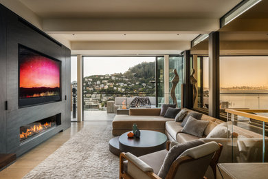 Living room - contemporary living room idea in San Francisco with a stone fireplace