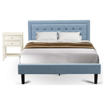 2Pc Platform Queen Bed Set, 1 Queen Wood Bed Frame, Night Stand, Denim Blue