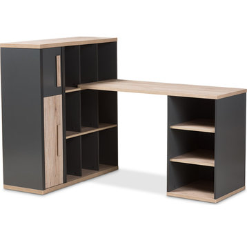 Pandora Modern Study Desk with Built-In Shelving Unit - Dark Gray, " Oak" Light