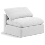 Meridian Furniture - Indulge Upholstered Modular Chair, White, Down Stuffed Linen Textured Fabric, Armless Chair - Experience ultimate comfort and style with our white linen textured fabric Indulge Armless Chair. The luxurious linen texture of the fabric will elevate the aesthetic of any room. This chair provides ample space for you to relax while its modular build offers the option of unlimited configurations. Whether you're looking to add a stylish element to your living room or a comfortable seating option to your bedroom, this chair is the perfect choice.