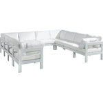 Meridian Furniture - Nizuc Water Resistant Patio U-Shaped Modular Sectional, White, 10-Piece: 6 Armless Chair, 4 Corner Chair, White Aluminum Frame - Pick and choose your favorites from the Nizuc collection to create a modular seating group the whole gang will enjoy. The sturdy aluminum frame provides dependable support for friends and family as they relax and unwind, and the resilient white water resistant fabric stands up to the elements without losing its beautiful demeanor, so you can count on it lasting for the long haul. Latches beneath these seating pieces help you easily attach them to one another for convenient setup.
