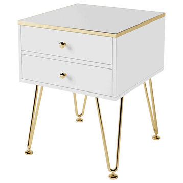 White Small Nightstand With 2 Drawers Bedside Table Gold Pulls & V-Shaped Legs
