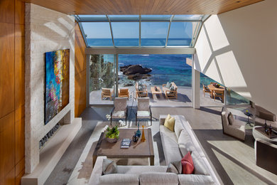 Inspiration for a large contemporary open concept living room remodel in Orange County with white walls, a ribbon fireplace, a stone fireplace and no tv