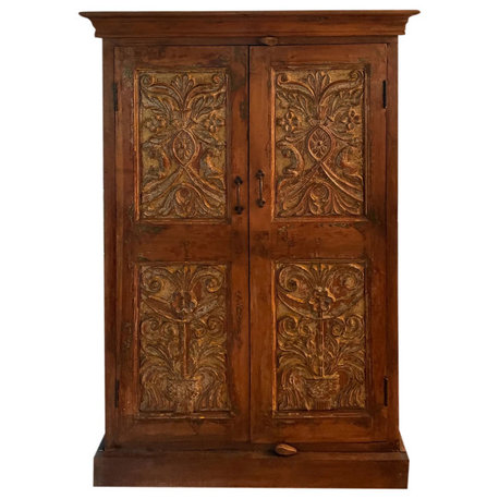 Consigned Antique Carved Armoire, Vintage Hues Cabinet Farmhouse Decor