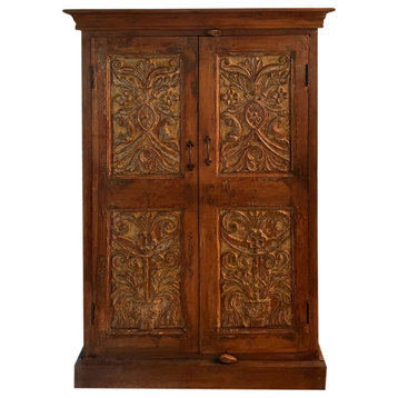 Consigned Antique Carved Indian Armoire, Vintage Hues Cabinet, Farmhouse Decor