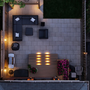Modern Cedar Pergola, Porcelain Patio & Outdoor Lighting Backyard Renovation