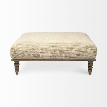 Alder I Square Cream Upholstered Seat w/ Brown Solid Wood Base Accent Bench