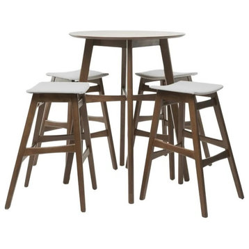 5 Pieces Bar Pub Set, Round Table & Backless Stool With Light Beige Seat, Walnut