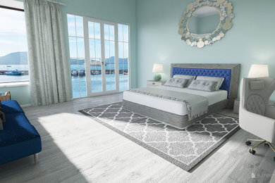 Example of a beach style master light wood floor and gray floor bedroom design in Omaha with blue walls