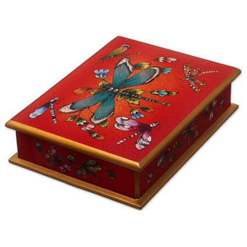 Novica Handmade Red Dragonfly Days Reverse-Painted Glass Decorative Box