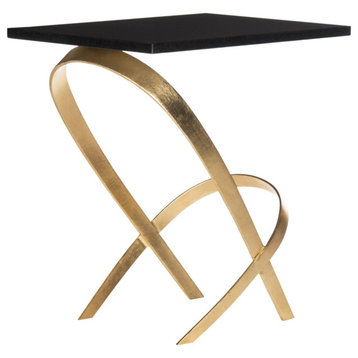 Modern Side Table, Unique Horseshoe Golden Metal Base With Thick Black Glass Top