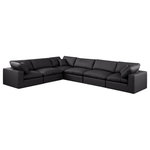 Meridian Furniture - Comfy Upholstered L-Shaped Modular Sectional, Black, 6-Piece: 3 Armless Chair, 3 Corner Chair, Vegan Leather - Give your space a whole new look with this black Comfy vegan leather sectional. This handsome sectional fits nicely with other items in the Comfy collection and is a versatile seating option designed for adaptability, comfort and style. Wrapped in rich black durable vegan leathered upholstery, this sectional offers a plush embrace of overstuffed down feather cushions, carefully crafted to deliver the highest level of comfort. The perfect seat for creating an oasis for relaxation, this sectional has thick foam surrounding its frame for added support and coziness.