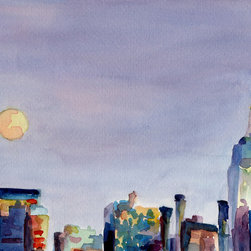 Full Moon And Empire State Building Watercolor - Fine Art Prints