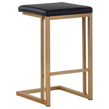 Maklaine 26" Faux Leather and Steel Counter Stool in Black-Gold (Set of 2)