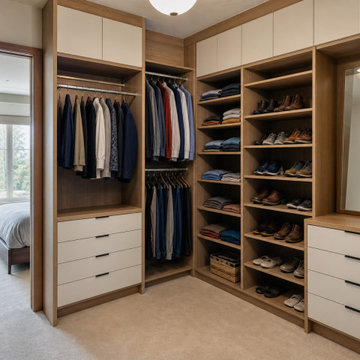 Rift-Oak Closet With Warm-White Drawer Banks