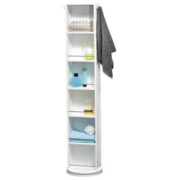 Swivel Storage Tower Cabinet Organizer Linen Full Length Mirror 6 ShelvES, White