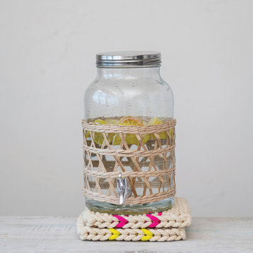 Glass Jar Beverage Dispenser with Woven Seagrass Sleeve, Natural