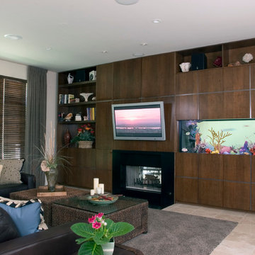 Built In Walnut Entertainment Center with Two-Sided Fireplace and Fish Tank