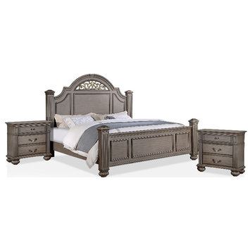 FOA Damos 3-Piece Gray Solid Wood Panel Bedroom Set - King + 2 Nightstands