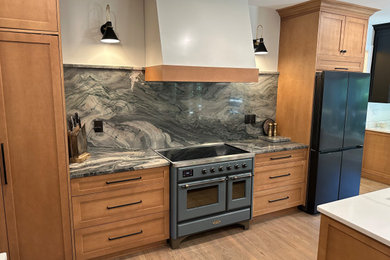 Inspiration for a modern kitchen remodel in Atlanta with gray backsplash and colored appliances