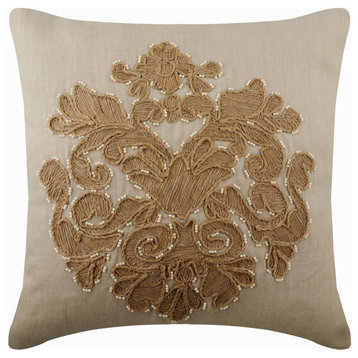 Decorative 24"x24" Jute Embroidery Pearl Beige Linen Pillow Cover, Jutty Damask