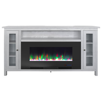Somerset 70" White Electric Fireplace TV Stand With LED Flames, Crystals Display