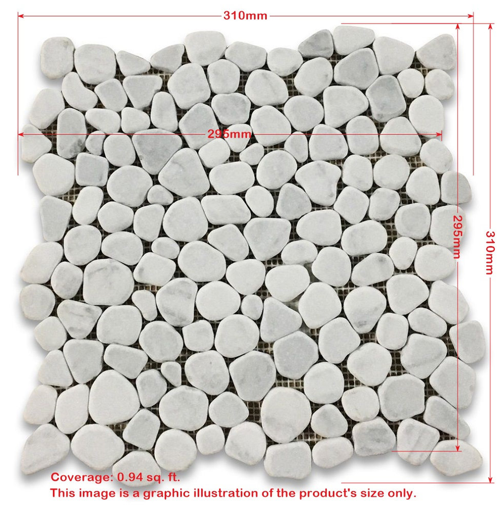 Carrara White Bardiglio Grey Marble Pebble Stone Nonslip Shower Tile, 1 sheet