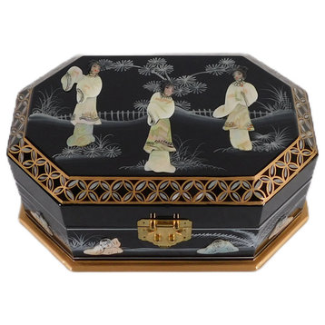 Chinese Black Lacquer Octagonal Jewelry Box With Mother of Pearl Inlays