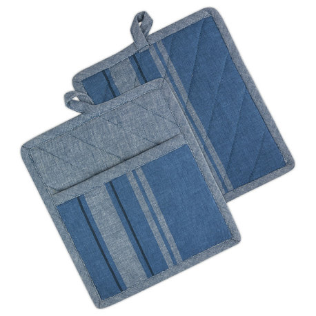 DII Blue Chambray French Stripe Pot Holder, Set of 2