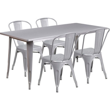 31.5''x63'' Rectangular Metal Indoor Table Set with 4 Stack Chairs, Silver
