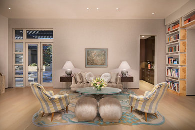 Example of a large trendy enclosed light wood floor living room design in Other with gray walls, no tv, a ribbon fireplace and a plaster fireplace