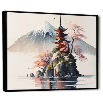 Japanese Landscape In Watercolor I Framed Canvas, 32x24, Black