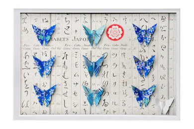 Butterfly Wall Art- Blue Hiragana 3d Framed Origami Artwork