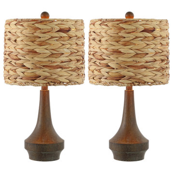 21" Farmhouse Handwoven Rattan/Resin LED Table Lamp, Brown Wood Finish(Set of 2