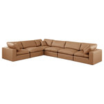 Meridian Furniture - Comfy Upholstered L-Shaped Modular Sectional, Cognac, 6-Piece: 3 Armless Chair, 3 Corner Chair, Vegan Leather - Give your space a whole new look with this cognac Comfy vegan leather sectional. This handsome sectional fits nicely with other items in the Comfy collection and is a versatile seating option designed for adaptability, comfort and style. Wrapped in rich cognac durable vegan leathered upholstery, this sectional offers a plush embrace of overstuffed down feather cushions, carefully crafted to deliver the highest level of comfort. The perfect seat for creating an oasis for relaxation, this sectional has thick foam surrounding its frame for added support and coziness.