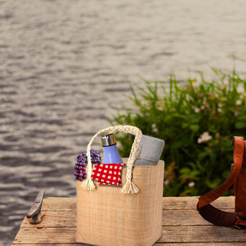Serene Spaces Living Handmade Bohemian Raffia Tote Bag with Braid Handles, Beach
