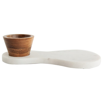 Marble Serving Board With Mango Wood Bowl, White and Natural
