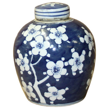 Chinese Blue White Ceramic Blossom Flowers Graphic Ginger Jar Hws819